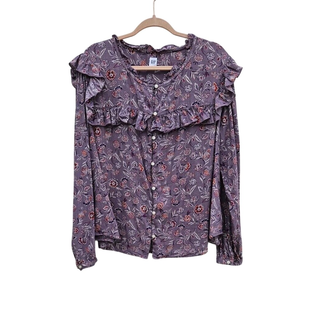 Gap Blouse Womens Purple Floral Button Front Ruffle Long Sleeve Top Soft‎ XXL